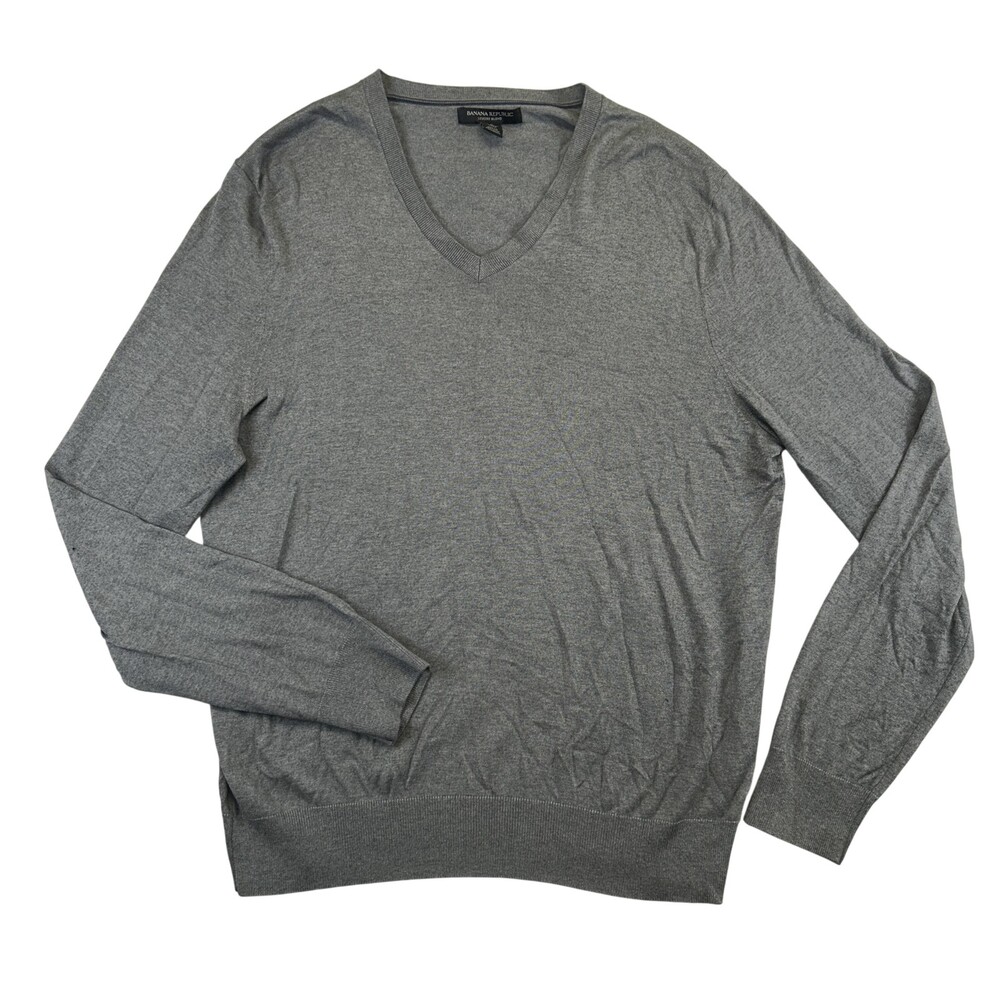 Banana Republic Sweater Mens Large Gray Silk Cotton Cashmere V Neck Pullover